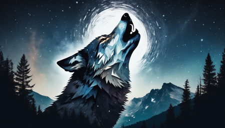 surreal double exposure portrait of a beautiful howling wolve in dark mountain forest scenery against star trail starry night, by Dave White, Conrad Roset, Brandon Kidwell, Andreas Lie, Dan Mountford, Agnes Cecile, triadic colours, thick opaque strokes, accurate depth of field, hyper detailed, whimsical, dynamic, dreamy masterwork