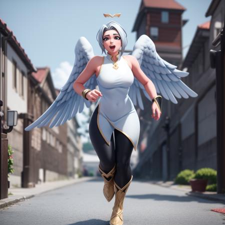 1woman with wings, beautiful, white dress, black leggings, running towards viewer, looking at viewer, facing viewer, solo focus, pretty face, <lora:ark_fortnite_1:0.8>, full body, 3d