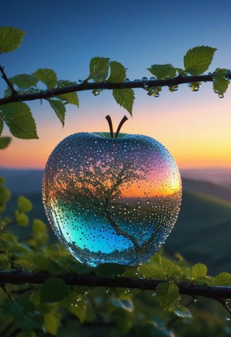 ASCII,masterpiece, hyper detailed, 8k, ray tracing, ultra sharp,
((a delicate big apple) ), made of opale hung on branch in a beautiful dawn, in the background beautiful valleys, (Dew drops) , divine iridescent glowing, opalescent textures, volumetric light, ethereal, sparkling, light inside body, bioluminescence, studio photo, highly detailed, sharp focus, photorealism, 8k, best quality, ultra detail:1. 5, hyper detail, hdr, hyper detail