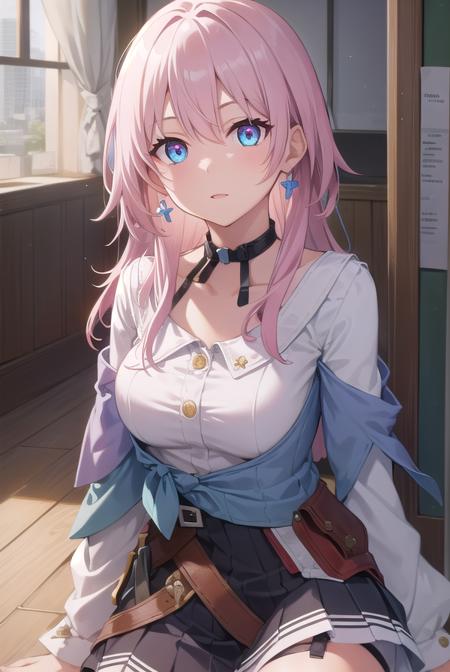 marchseventh, <lyco:marchseventh-lyco-nochekaiser:1>, 
march seventh, blue eyes, hair between eyes, medium hair, pink eyes, pink hair, two-tone eyes,
BREAK ankle boots, archery shooting glove, badge, bare legs, black choker, black corset, black footwear, black gloves, blue jacket, blue skirt, boots, button badge, buttons, choker, collarbone, corset, earrings, flower ornament, gloves, high heel boots, high heels, jacket, jewelry, long sleeves, miniskirt, partially fingerless gloves, pleated skirt, shirt, single earring, single glove, skirt, thigh strap, tied jacket, underbust, white shirt
BREAK looking at viewer, 
BREAK indoors, classroom,
BREAK <lyco:GoodHands-beta2:1>, (masterpiece:1.2), best quality, high resolution, unity 8k wallpaper, (illustration:0.8), (beautiful detailed eyes:1.6), extremely detailed face, perfect lighting, extremely detailed CG, (perfect hands, perfect anatomy),