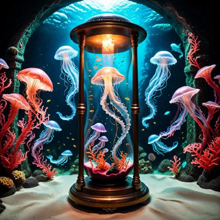a cosy coal underwater world inside a giant hourglass, bioluminescent structures, jellyfish, alien plants, coralbugXL inside hourglass,