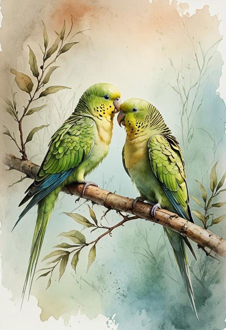 lazypos, Hyper detailed watercolor painting inspired by the style of Lee Bogle, featuring  
parakeets perched on a branch. The artwork showcases a strong sfumato effect, creating a sense of depth and softness with blurred edges and a light grunge texture. The color palette includes hues of khaki, green, brown, peach, and light blue, blending seamlessly to evoke a serene and natural atmosphere. The background is rendered with delicate, translucent layers, enhancing the overall airy and ethereal quality of the piece. The composition emphasizes the intricate details of the canaries and the branch, capturing the essence of nature with a touch of whimsy and elegance,  aidmamj6.1.