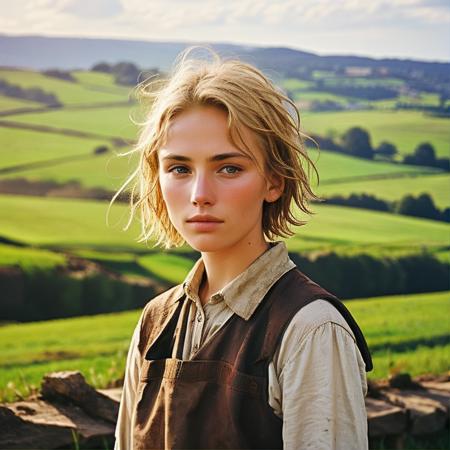 a young medieval farmer in a field, 1girl, short blonde hair, 
analogue photography, natural light,