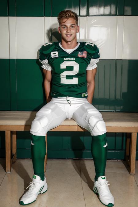 in an American football locker room, sitting on a bench, legs spread open, LarsNorgaard, American football player wearing American football uniform, American football shoulder pads, ((green jersey)), jersey number 12, (white football pants and pads), green socks, black sneakers, slight smile, masterpiece, (((full body portrait))), full body shot  <lora:LarsNorgaard:0.8>