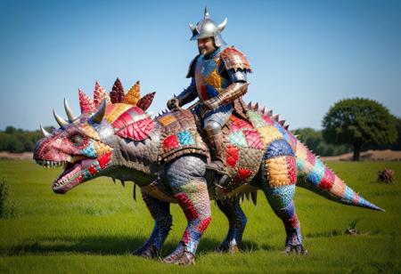 Masterwork, masterpiece, best quality, good quality, very aesthetic, absurdres, newest, ptchkrawk, a stegosaurus wearing patchwork armor and a saddle, being ridden by a knight in shining plate armor, tail spikes  in a farmer's field