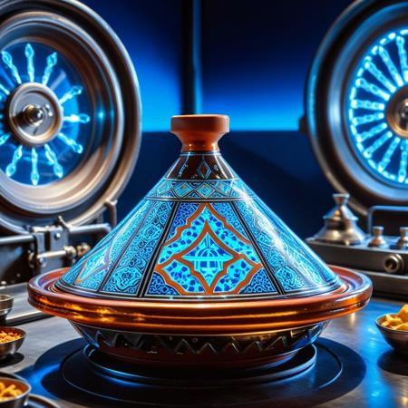 lazypos,  
asymmetric, cinematic, close-up shot of a mechanical tagine with visible gears and metallic components, in a high-tech futuristic laboratory, glowing blue lights reflecting off the smooth ceramic, intricate details of advanced machinery integrated with traditional design, smooth curves of the tagine contrasted with sharp metallic edges, neon glowing lines, high-tech, sci-fi aesthetic, vibrant colors, digital illustration, photo manipulation, surreal machinery and Moroccan culture fusion, striking visuals, best quality, absurdres.