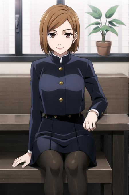 (masterpiece), high quality, (detailed background:1.3), 1girl, solo,
<lora:NoburaKagisaki-v3-07:0.5>, ChopioNoburaKugisaki, short hair, brown hair, asymmetrical bangs, brown eyes, (looking at viewer:1.3),
medium breasts, hair behind ear, 
outfit_1, gakuran, blue jacket, cropped jacket, long sleeves, high-waist skirt, blue skirt, belt, pantyhose,
cafe, window, potted plant, table, bubble tea, head rest,
sitting, smile,