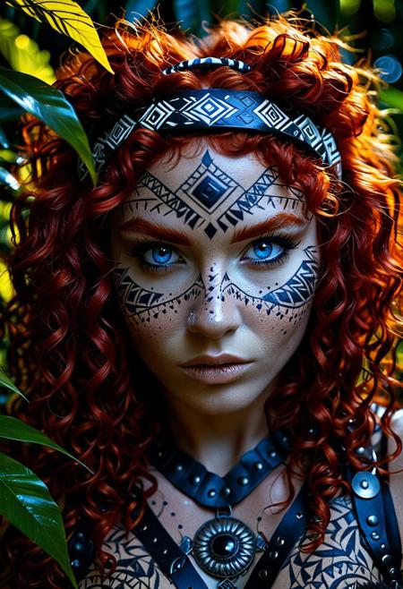 (Extreme close-up portrait:1.3), fierce tribal huntress with vibrant fiery red curly hair, intricate geometric primal tattoos symmetrically covering her skin, striking blue eyes, (prominent scar across eyebrow and eye:1.2), leather headband on forehead. Dressed in revealing fur clothing, peering intensely through dense jungle foliage at night. Dramatic chiaroscuro lighting, moonlight casting sharp shadows, atmospheric, hyperdetailed skin, sharp focus, (cinematic shot:1.1), primal aesthetic, (wild, untamed look:1.1), depth of field.