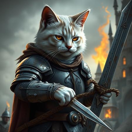 Ultra realistic. white grey brown cat with a damaged knight shite armor holding a long sword, tired, bruises, dusty, mud, shining eyes, protecting a town, background castle, full body view, some fire behind, agressive pose