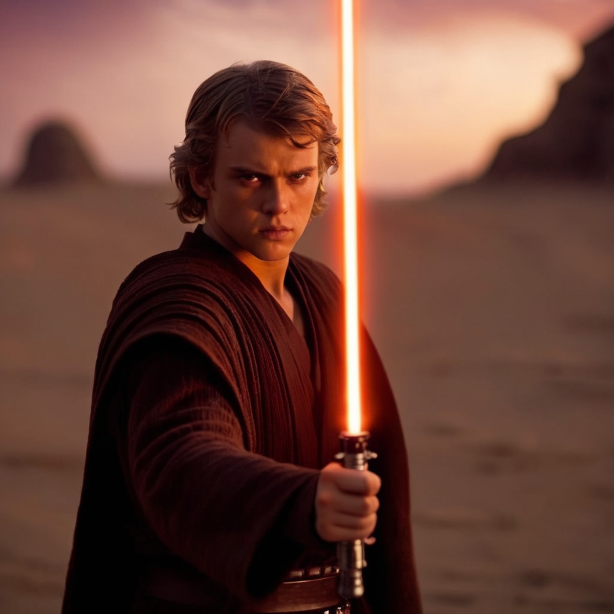 cinematic film still of  <lora:Anakin Skywalker:1.2>
Anakin Skywalker a young man holding a light saber in his hand with f...