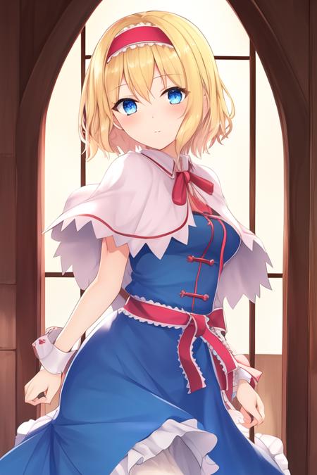 masterpiece, best quality, highres, solo, {alice_margatroid_touhou:1.10}, blonde_hair, short_hair, hairband, blue_eyes, capelet, 1girl, dress, sash, blue_dress, looking_at_viewer, ribbon