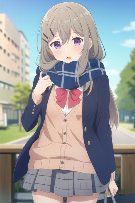 masterpiece, best quality,1girl,solo,shimamura hougetsu,grey hair,long hair,hair between eyes,purple eyes,scarf,hairclip,school uniform,blue jacket,orange cardigan,dress shirt,red bowtie,grey plaid skirt,miniskirt,black socks,<lora:ShimamuraHougetsu:0.8>,cleavage, outdoors,