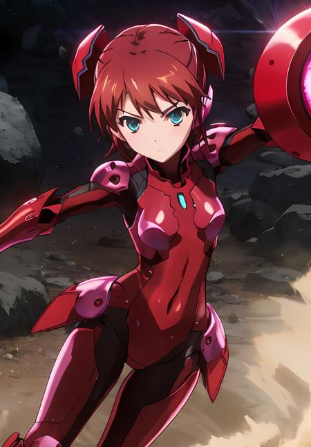 <lora:AccelWorld:0.6>, AccelWorld, Scarlet, solo, 1girl, looking at viewer, standing, cowboy shot, armor, outstretched arms, spread arms, arm cannon