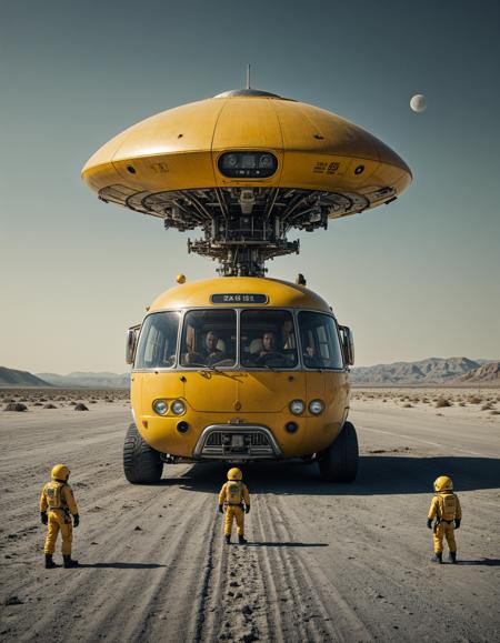 [TCD, hyper8] Breathtaking photo of A spaceship landing machine labelled "BUS"  with tiny astronauts - yellow front view symmetric intricate bauhaus 3d render coherent precision mechanics frontal view cybernetic product design hard surfece modelling bauhaus style futuristic minimalistic robot, by braun design, by dieter rams and apple, translucent polycarbonate at the beach high quality sci-fi retrofuturism, extremely detailed, crisp, uhd, hdr, 35mm 