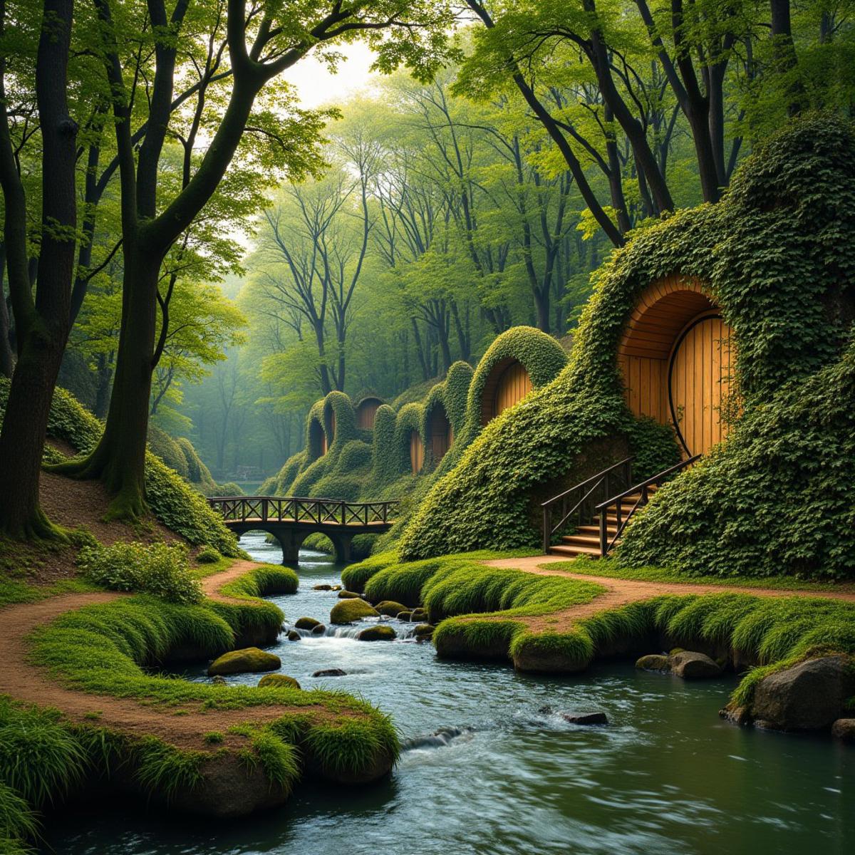 A fantasy fairy forest with a babbling stream and trees with fairy doors and windows with bridges here and there,