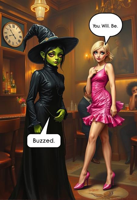 A brightly lit speakeasy in the 1920s style of The Great Gatsby. 
Elfaba is a scy girl with green skin wearing an all black high-necked Victorian witch outfit  that covers her skin from her neck all the way to her ankles and wrists. She has a bored expression on her face and is rolling her eyes. ( A speech box along the bottom ) points to Elfaba and reads " Buzzed? " .
A fair skinned short skinny blond girl is dressed in a sexy pink taffeta minidress and pink high heels.  She is looking at Elfaba with a wide-eyed excited confident expression. (A speech box at the top of the image points to the blond and contains the text " You. Will. Be. " ).
A realistic oil painting.