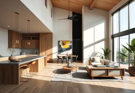 A serene Wabi sabi kitchen and living room interior view, combining tropical elements with modern art movements such as post-painterly abstraction, hard-edge painting, and geometric abstraction. The design emphasizes structural clarity and dynamic composition, blending sculptural forms and geometric accents with a minimalist approach. Clean lines and open spaces enhance the calm atmosphere, while non-representational art introduces a sense of movement and depth.
Apply 60-30-10 rule: 60% primary color as light wood and earthy tone, 30% secondary color as light grey, 10% decoration color as mustard yellow, navy blue. The interior integrates natural materials like wood, bamboo, metal, fire, earth, and water. These materials are complemented by bold color fields and sharp-edged geometric forms that reflect the modern art influences. Calligraphy serves as a cultural touchpoint, subtly blending with the non-representational art to maintain the balance between tradition and modernity.
Sculptural forms are used to create focal points in the space, drawing attention to the dynamic contrasts between sharp geometric lines and organic materials. Natural light plays a crucial role, casting shadows across the minimalist interior and enhancing the interplay between solid, abstract forms and soft natural textures. The overall design balances simplicity with artistic expression, resulting in a tranquil yet visually stimulating duplex interior that merges tradition with modern art.