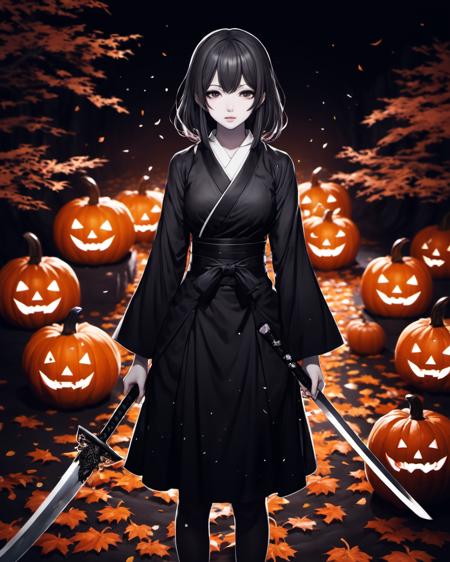 ShadeStyle, Outflowing Shadows, monochrome, glowing, Omori style, horror Eldrich abomination, halloween, body horror, rich deep color, corrupted photograph, brush strokes, Shimmering swirling glitter, strybk style, muted colors, full body, simple background, 3d anime style, a cute korean girl, slender and small face, looking at viewer, with a katana in her hands, shredding a pumpkin, <lora:add-detail-xl:2>