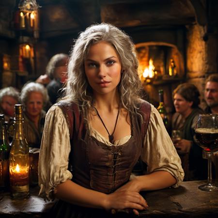 highly detailed candid photo of female barkeep:1.2,

1girl, solo, long hair, green eyes, cleavage, parted lips, messy hair, old woman, old, white hair, alcohol, wine bottle, angry, suspicious,

masterpiece, best quality:1.1, realistic:1.3,
shadow play:1.0,  dark interior, medieval tavern:1.-, 

ultra photoreal, photorealistic:1.0, sharp focus:1.1, 
depth of field:1.1, 

50mm, style of Nathan Wirth, Hasselblad X1D II, Porta 160,
