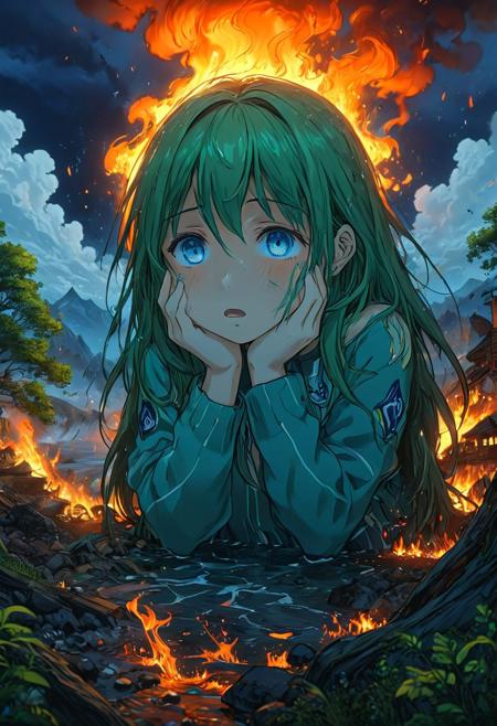 A cel-shaded anime-style image portrays the Earth as a sad, crying character, with large, expressive eyes shedding tears, emphasizing pain and desperation. Surrounding the Earth, various anime-style environmental disasters can be seen—wildfires, deforestation, melting ice caps, and rising sea levels.
The art style uses soft cel-shading with vibrant, contrasting colors that evoke an emotional response. The concept is inspired by dramatic anime themes and the importance of nature conservation. The close-up camera angle focuses on the Earth character, while the lighting features soft, emotional lighting with vivid contrasts that add depth to the scene. The high-detailed cel-shading and vibrant anime expressions contribute to the overall impact of the image.