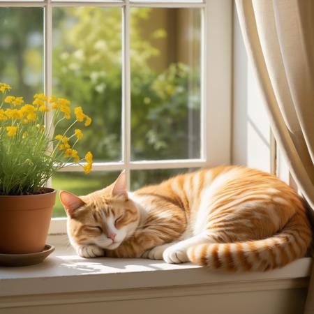 Create an image of a cat sleeping peacefully on a windowsill. The window is open, letting in a soft breeze that ruffles the curtains. Outside the window, there’s a view of a quiet garden or street. The scene is tranquil, capturing the essence of a lazy, sunny afternoon.