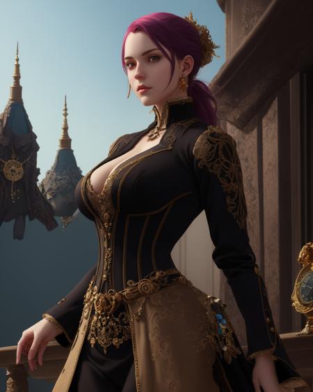 best quality,masterpiece,highly detailed,ultra-detailed, 1girl,<lora:neg4all_bdsqlsz_V3.5:-1>upper body, 
outdoors, fog sky,
 belt, pocket watch, holding weapon, saber, dynamic pose, fighting stance, victorian industrial cityscape, clock tower, cleavage cutout, center opening, corset, hair ornament, 
<lora:Pastels_last:1> <lora:pastelcolor_last:2> <lora:Graphite_last:1> 
multicolored hair, colored inner hair, 
<lora:steampunk_last:2>
<lora:EnhancedDetail:1> 
by steampunk  art, fantasy art,Pistol bag, unreal engin 5,octane render,(2D:1.2), digital painting, artstation, concept art, smooth, sharp focus,art by ross tran and greg rutkowski and alphonse Mucha and  Bak Karol