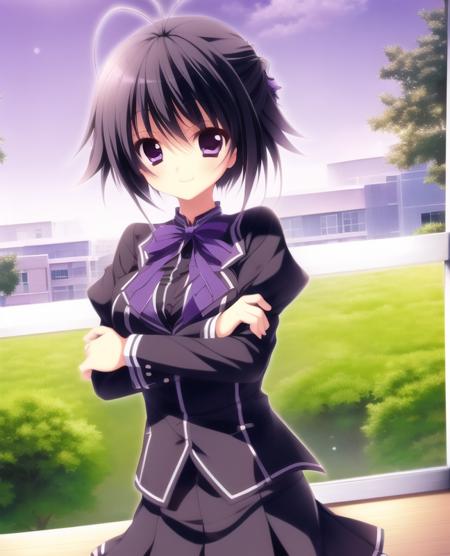 1girl, classroom, standing, crossed arms, by the window, from side, black hair, short hair, (tied hair:1.2), antenna hair, purple eyes, smile, happy, school uniform, slender, small breasts, light on eyes,<lora:yutsuki1:0.8>,