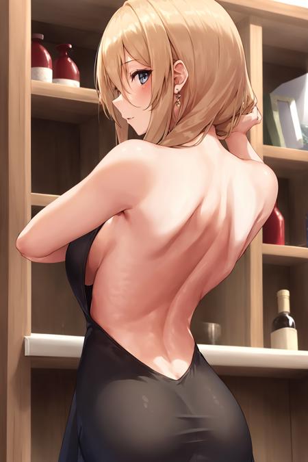 1girl, backless_dress, backless_outfit, bangs, bare_shoulders, <lora:Bismarck:0.6>,