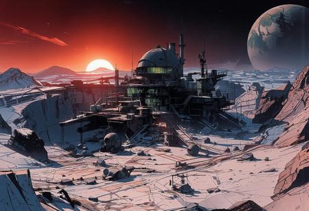 Aerial view, looking down upon a massive lunar crater. A scientific research station, almost a futuristic city, stands in the middle of this vast lunar basin. Large boulders and small rocky spurs are scattered throughout the landscape.
The station’s architecture is sleek and harmonious, made of glass and steel. A grand building with a colossal astronomical observatory dome dominates the other structures. Multiple platforms host residential and research facilities, with scattered lights, intricate staircases, and numerous antennas. The city is surrounded by an immense expanse of frozen rock, with the crater’s edge forming a colossal belt around the lunar habitation structures.
Several smaller research domes, pipelines, conduits, and massive extraction machines fill the foreground, where activity is bustling across the plain. An astroport is situated behind the station. The sky is intensely illuminated as the sun begins to set, casting an orange and bluish glow over the frozen city. The air is frigid, with ice crystals drifting in the wind, lifting snow and dust just above the ground. In the vastness of space, Earth can be seen setting on the horizon.