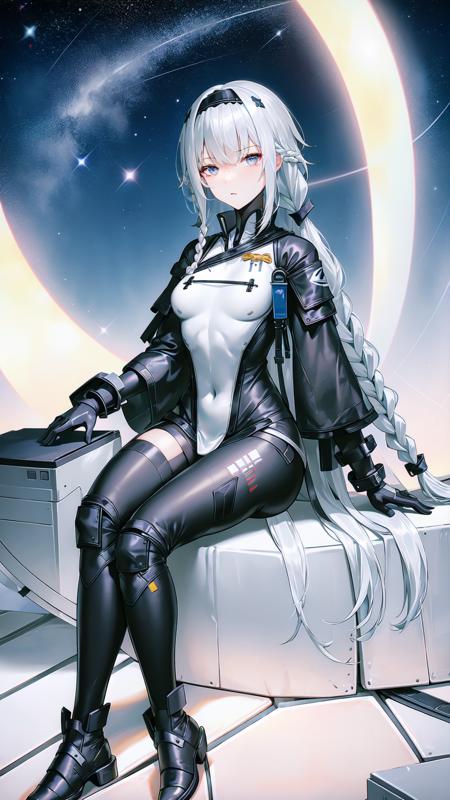 1girl, solo, long hair, grey eyes, breasts, hairband, black gloves, full body, black shoes, boots, white hair, braid, bangs,  gloves, small breasts, black hairband, <lora:ChenxingSnowbreakV1.0:0.7>, chenxing, night sky, dark, stars, starry sky, milky way, lights, light particles, fairy, sexy, hot, nsfw, (sitting:1.2)