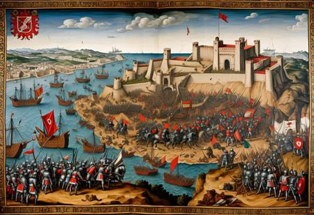 Historically accurate depiction of the Conquest of Tunis in 1535 by the Habsburg Holy Roman Emperor Charles V. The images should illustrate the key moments of the siege, with a particular focus on the Portuguese participation and the warship São João, also known as “Botafogo.” The style should emulate the Flemish tapestries by Jan Vermeyen and Pieter Coecke, capturing the historical and artistic essence of the 16th century.
Siege of La Goleta: Depict the intense siege of La Goleta, highlighting the strategic importance of this fortress. Include scenes of soldiers, cannons, and the Portuguese forces playing a crucial role in the battle. Reference historical accounts and illustrations of the siege for accuracy.