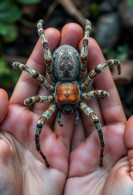 Photoraelistic, hyperdetailed, nature photography, beautiful, detailed, realistic, POV from above. Looking down at a giant spider sitting in my hands, anatomically accurate spider with eight long legs and a rotund abdomen