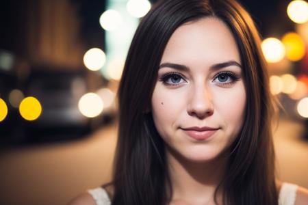 instagram photo, closeup face photo of 18 y.o swedish woman in dress, beautiful face, makeup, night city street, bokeh, motion blur