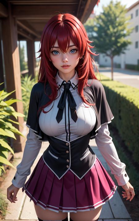 ((masterpiece, best quality)), insaneres, absurdres, solo, looking at viewer, 
ANIME_DxD_Rias_Gremory_ownwaifu, 
1girl, bangs, long hair, red hair, breasts, large breasts, rias gremory, blue eyes, hair between eyes, very long hair, collarbone, hair intakes,  hair over breasts, 
black capelet, black corset, collared shirt, kuoh academy school uniform, layered skirt, underbust, school uniform, skirt, shirt, long sleeves, purple skirt, ribbon, miniskirt, neck ribbon, thighhighs, black ribbon, 
<lora:ANIME_DxD_Rias_Gremory_ownwaifu:0.9> 
 depth of field, vanishing point, garden, sidelighting,