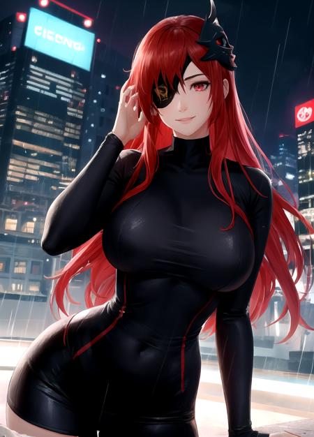 1girl, (shapely body), (solo), skyscraper outdoors, neon rim light, night, rain, volumetric lighting, <lora:Hwa_Ryun:1>,  red hair, long hair, Hwa Ryun, eyepatch, long hair, red hair, smile, red eyes, mask, large breasts,