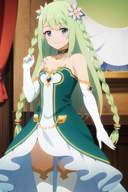 best quality, 4k, ((masterpiece)), extremely detailed, 8k, <lora:chikaa:0.8>, 1girl, solo, green hair, long hair, twin braids, hair ornament, flowers, green dress, white gloves, elbow gloves, small breasts, blue eyes, green choker, white thighhighs, looking at viewer, smile,