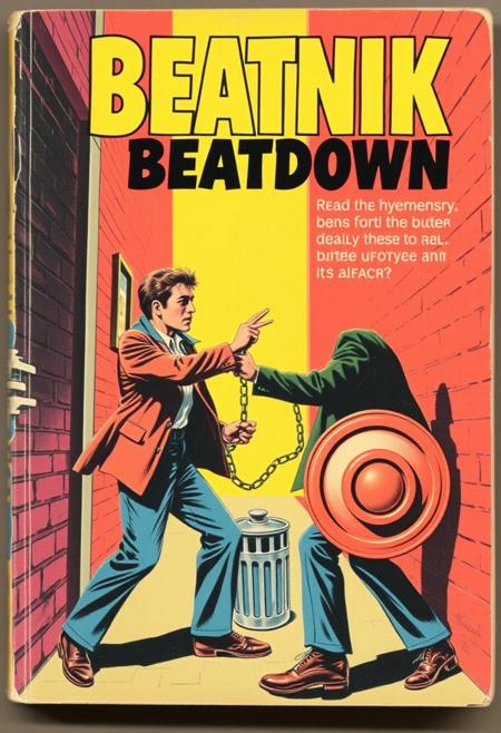 Paperback book, "Beatnik Beatdown" a1950's softcover book featuring two beatniks fighting in an alleyway, one with a chain, the other using a trash-can lid as a shield,