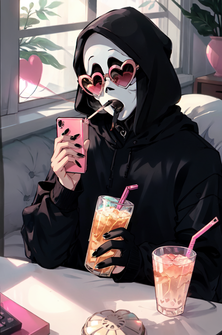 Ghostface Baller, solo, 1boy, holding, male focus, heart, nail polish, window, mask, phone, sunglasses, cellphone, black nails, holding phone, cigarette, drinking straw, smoking, heart-shaped eyewear<lora:Ghostface:0.75>