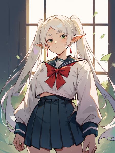 Frieden is a girl with white ponytails long hair green eyes and sharp ears,She is wearing the "mofapifeng" outfit which includes gold and white clothes and a  skirt with a belt around her waist