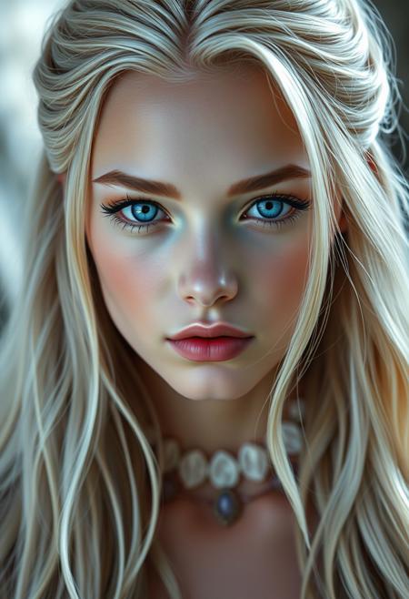 A photorealistic portrait of a young woman with striking beauty, resembling the Mother of Dragons from a fantasy series. She has long, flowing silvery-blonde hair that cascades over her shoulders. Her eyes are a mesmerizing violet color, intense and captivating. Her skin is pale and flawless, with a luminous quality. She has delicate facial features with high cheekbones and full lips. Her expression is regal and determined, befitting a powerful leader. The lighting is soft and ethereal, enhancing her otherworldly beauty. The image should be highly detailed, with every strand of hair and subtle skin texture visible. Use a shallow depth of field to make her stand out from a blurred background. The overall tone should be fantasy-inspired but grounded in realism, as if captured by a professional photographer using high-end equipment. Aim for 8K resolution with impeccable clarity and color reproduction.