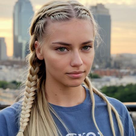 (Skin Texture, pores, natural,iPhone,RAW)), natural lighting, Highest Quality (closeup) Portrait photo of a woman with long braided platinum blonde hair,  Nikon Z9, realistic matte skin,  blurry city in the background, 8K, ((looking straight at the camera)), ,  <lora:adlima_xl_1_standard_merge_62_88_05_05:1>