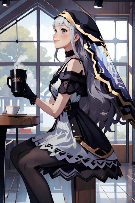 looking at viewer, from side, coffee shop, wooden interior, indoors, table, holding coffee, holding mug, seat, 1girl, adina, bare shoulders, black footwear, black gloves, blurry background, choker, closed mouth, fated dress, frills, sitting, smiling, hands up, veil, looking up, parted lips, simple background, solo, white background, <lora:Game-EternalReturn-Adina:0.9>,  <lora:GoodHands-beta2:1>