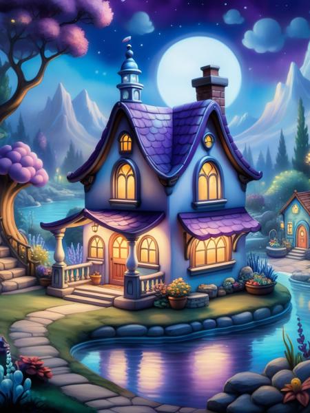 <lora:SS02ImpressionisticPainting_Hap_XL:1.5>,Thomas Kinkade style, <lora:add-detail-xl:0.00001> ,oil painting, cuphead video game style, 1930s cartoon, hand drawn, watercolor backgrounds, rubber hose animation the image features a miniature house with an aquarium style design, creating a living room setting. it is illuminated from within by blue and purple lights, which enhance the overall ambiance of the scene.ï¼