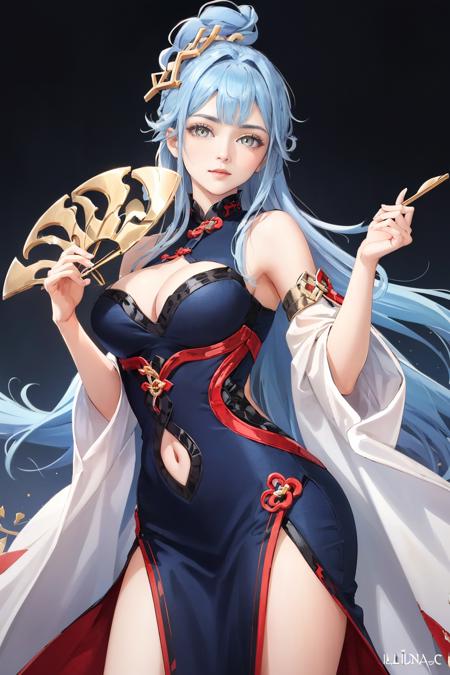 <lora:Yue-03:1>,((big breasts)), 1girl, solo, long hair, looking at viewer, hair ornament, dress, holding, bare shoulders, closed mouth, blue hair, yellow eyes, braid, artist name, covered navel, blue dress, chinese clothes, china dress, hand fan, folding fan, light blue hair, holding fan, Ludivine Sagnier, (masterpiece,best quality:1.5)