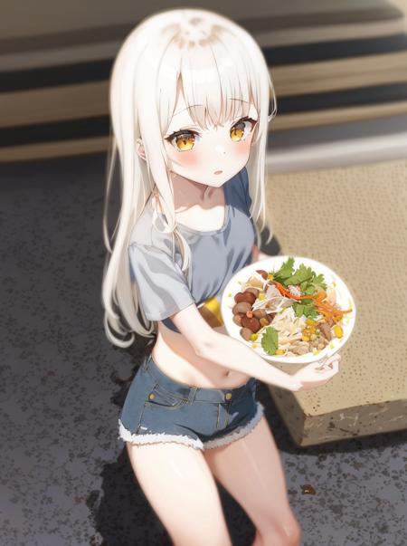 1girl, white hair, long hair, yellow eyes, blue bikini, black t-shirt, ,grey denim shorts, bare legs, holding bowl, Taizhou Tanggansi, food <lora:Taizhou Tanggansi:1>, masterpiece, best quality,