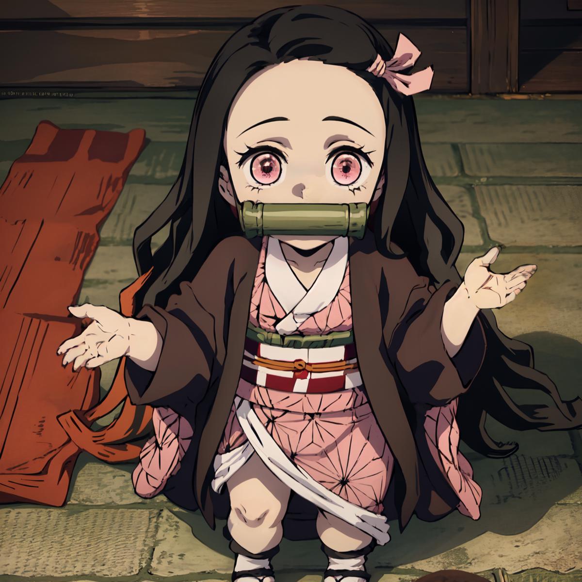 A young girl wearing a kimono with a pink bow is sitting on the ground and holding her mouth with a green cloth.