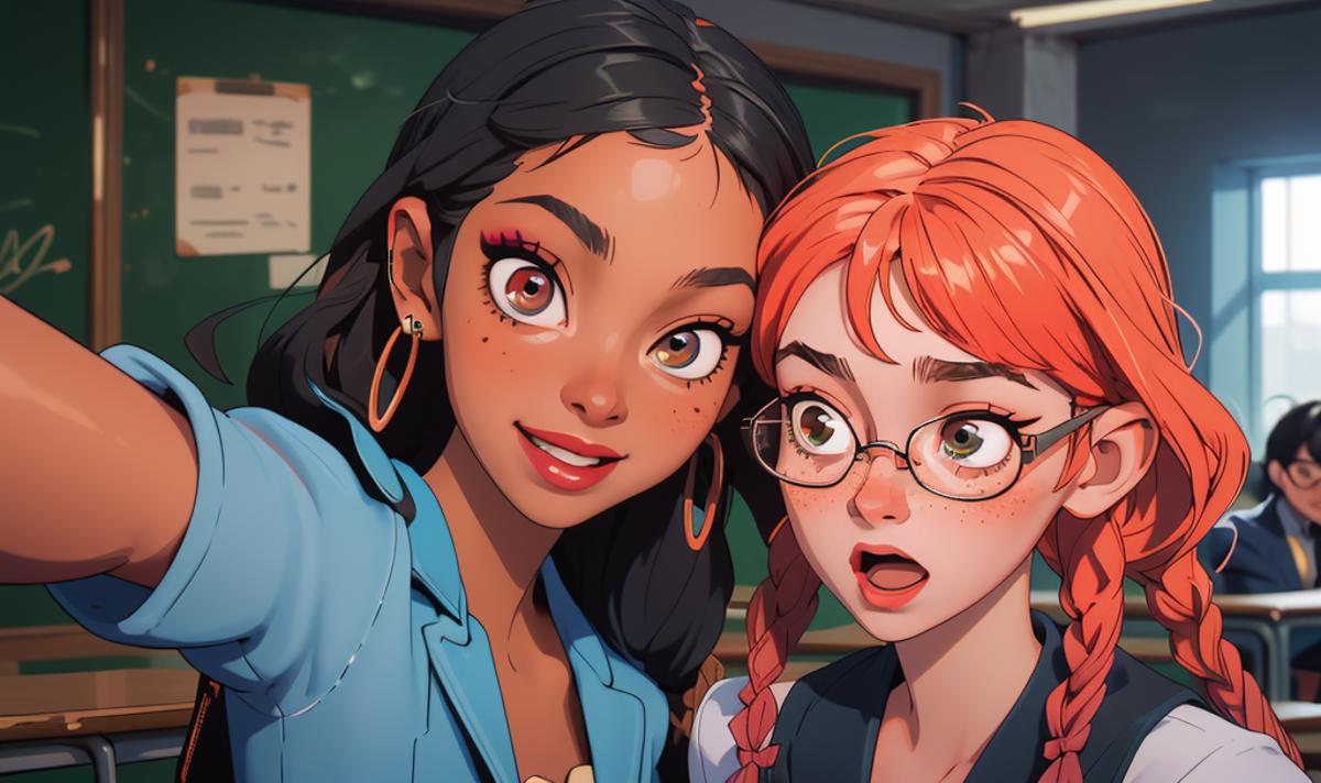 A cartoon drawing of two girls with glasses and braces posing for a picture.