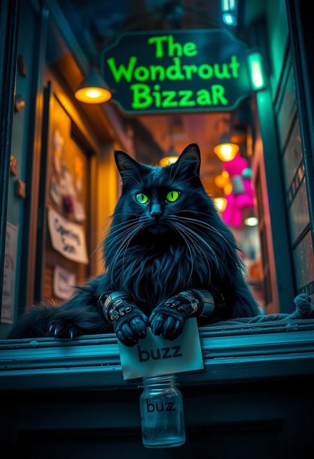 Highly detailed, 4k, A mystical long haired black cat with glowing neon green eyes with and ethereal glow that has cybernetic prosthetic limbs . Located in a back ally with shops and lights in rich blues, teals, and purples, suggesting a mysterious environment creating a dreamlike, ethereal atmosphere. The cat lays in a shop window that has sign above the shops door that reads " The Wondrous Bizzar" On the door hangs a sign that reads " Opening Soon". The cat’s bright, piercing eyes draw attention to the shop in the distance making it the center point of this enchanting and mysterious scene. Beside  the bottom of the shop door is a clear jar that has "buzz" written on it. The Shop seems to be filled with strange prosthetic parts that appear to be otherworldly