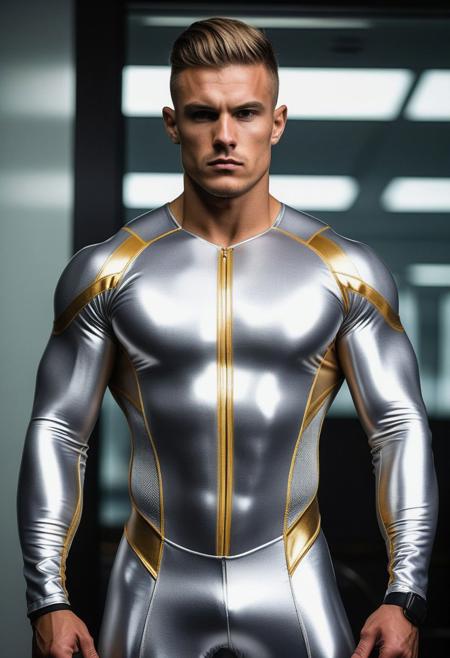 two strong 26-year-old american bodybuilder males, with a undercut hair, detailed face, confused expressions, wearing a skin tight Shiny silver spandex futuristic suits with gold and white spandex details, wearing skin tight spandex jockstraps over his spandex suits, standing at attention posture,  on a modern office, looking to the camera, detailed face, professional photography, shot on sony a 7RIII , looking to the camera,  detailed skin face and eyes, natural lighting ,  film grain, low contrast, natural face,  dark circles under eyes