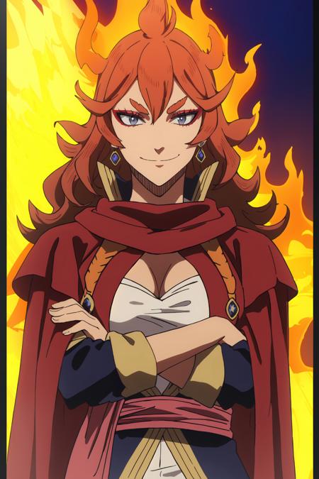 ((best quality)),((highly detailed)),masterpiece,absurdres,detailed face,beautiful face,(detailed eyes, deep eyes),(1girl),((dynamic pose)),  <lora:Vermillion:0.8>,Vermillion, 1girl, solo, crossed arms, long hair, fire, red cape, cape, upper body, looking at viewer, closed mouth, parody, red hair, hair between eyes, long sleeves, bangs, sash, smile, brown hair, red eyes, orange hair, cleavage cutout, grey eyes, thick eyebrows, standing, scarf, makeup, cleavage, red scarf, earrings, dark skin, breasts, shirt, style parody, flame, brown eyes, clothing cutout, eyeshadow, jewelry, red cloak